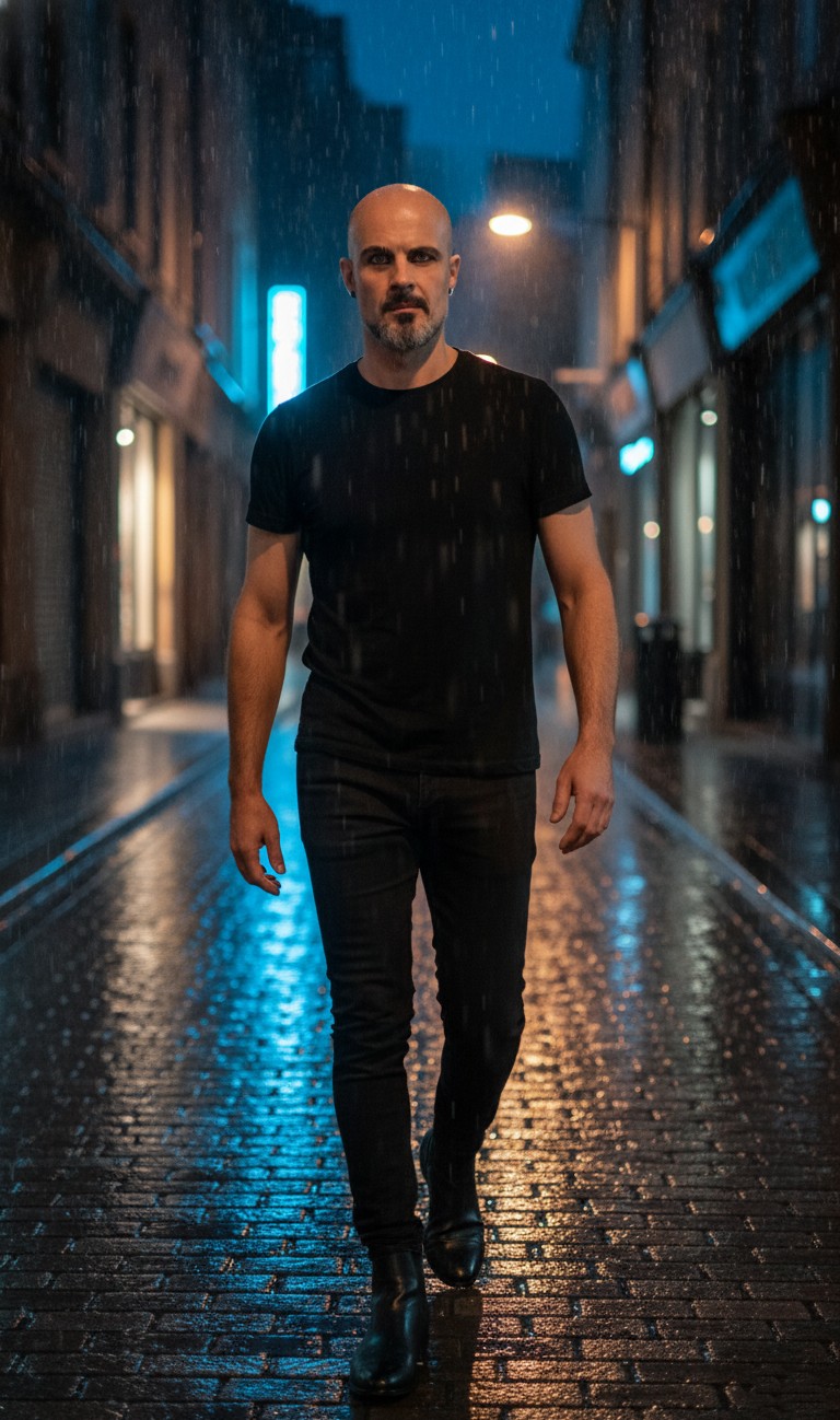 Jorge Ahijado caminando bajo la lluvia